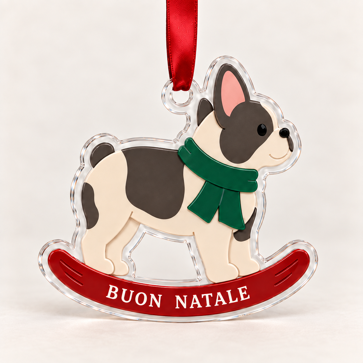 bulldog-francese – pendente natalizio in plexiglass, rendering illustrativo