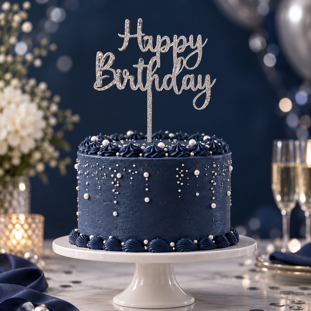 Cake topper Happy Birthday argento glitter in plexiglass, scritta 15 cm