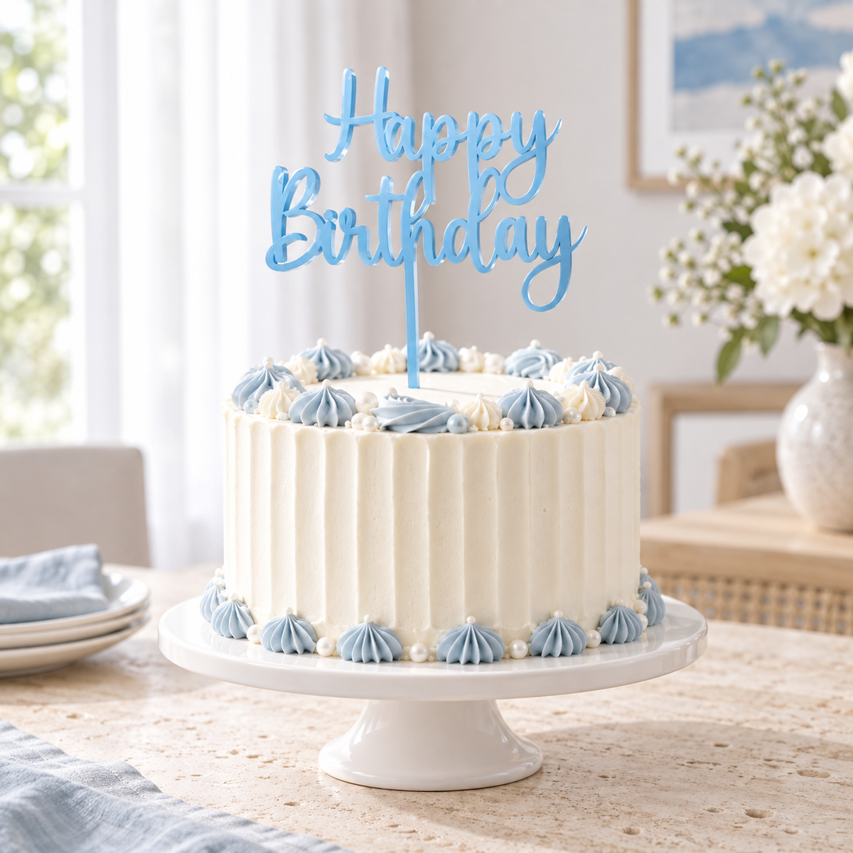 Cake topper Happy Birthday azzurro in plexiglass, scritta 15 cm
