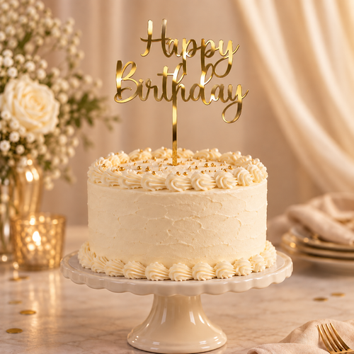 Cake topper Happy Birthday oro specchiato in plexiglass, scritta 15 cm