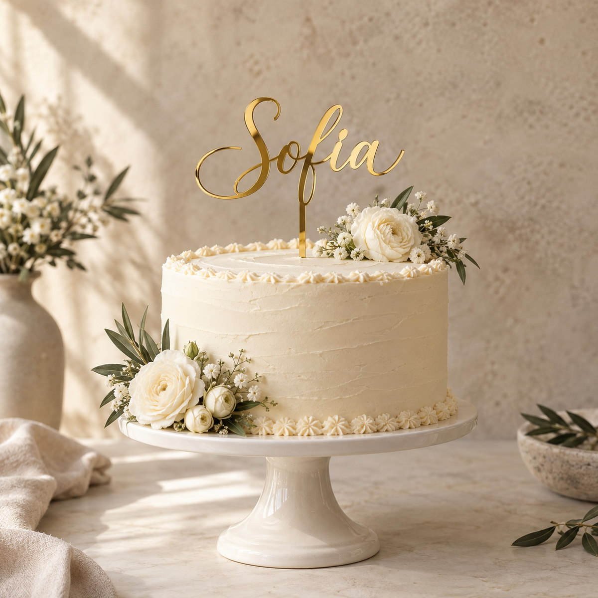 Cake topper con nome Sofia in plexiglass oro specchiato su torta; ambientazione illustrativa