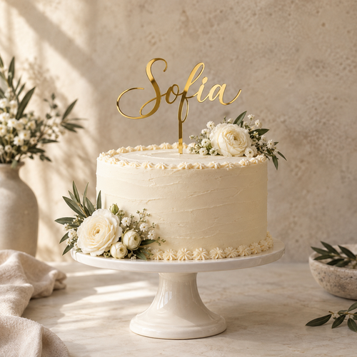 Cake topper con nome Sofia in plexiglass oro specchiato su torta; ambientazione illustrativa