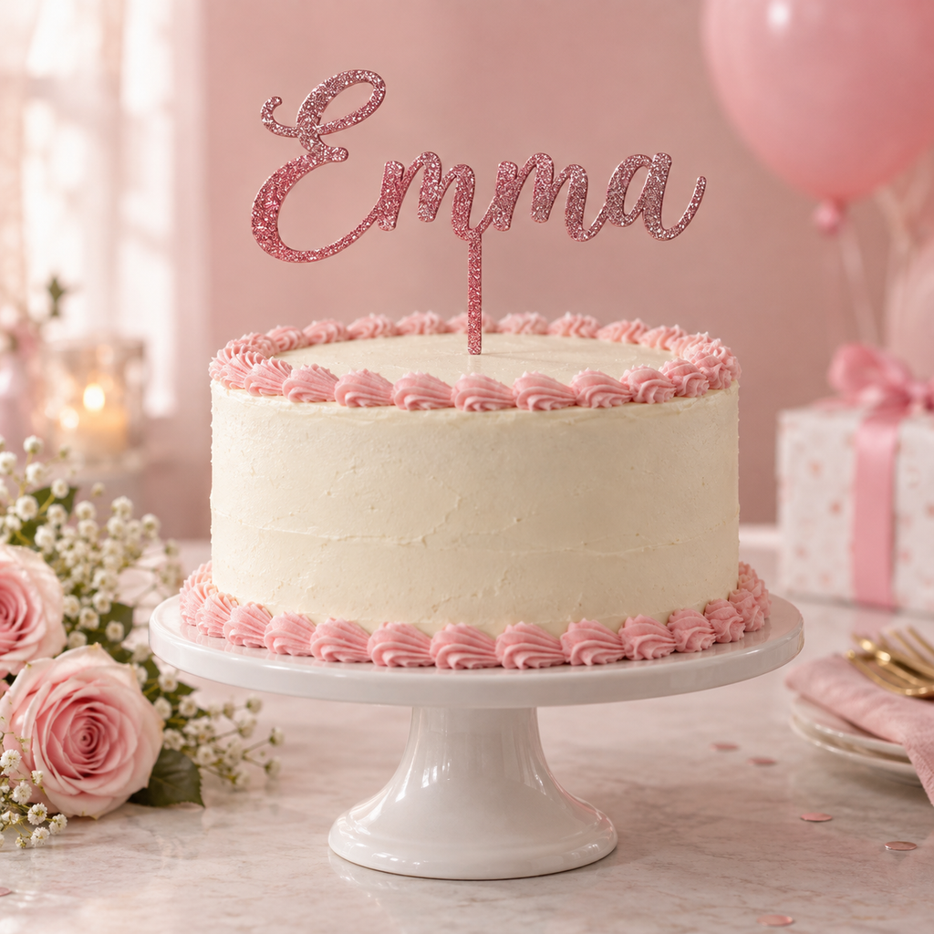 Cake topper con nome personalizzato in plexiglass Rosa glitter; ambientazione illustrativa