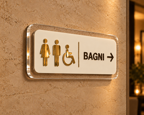 Anteprima cartello BAGNI con cornice trasparente, pannello bianco e freccia a destra