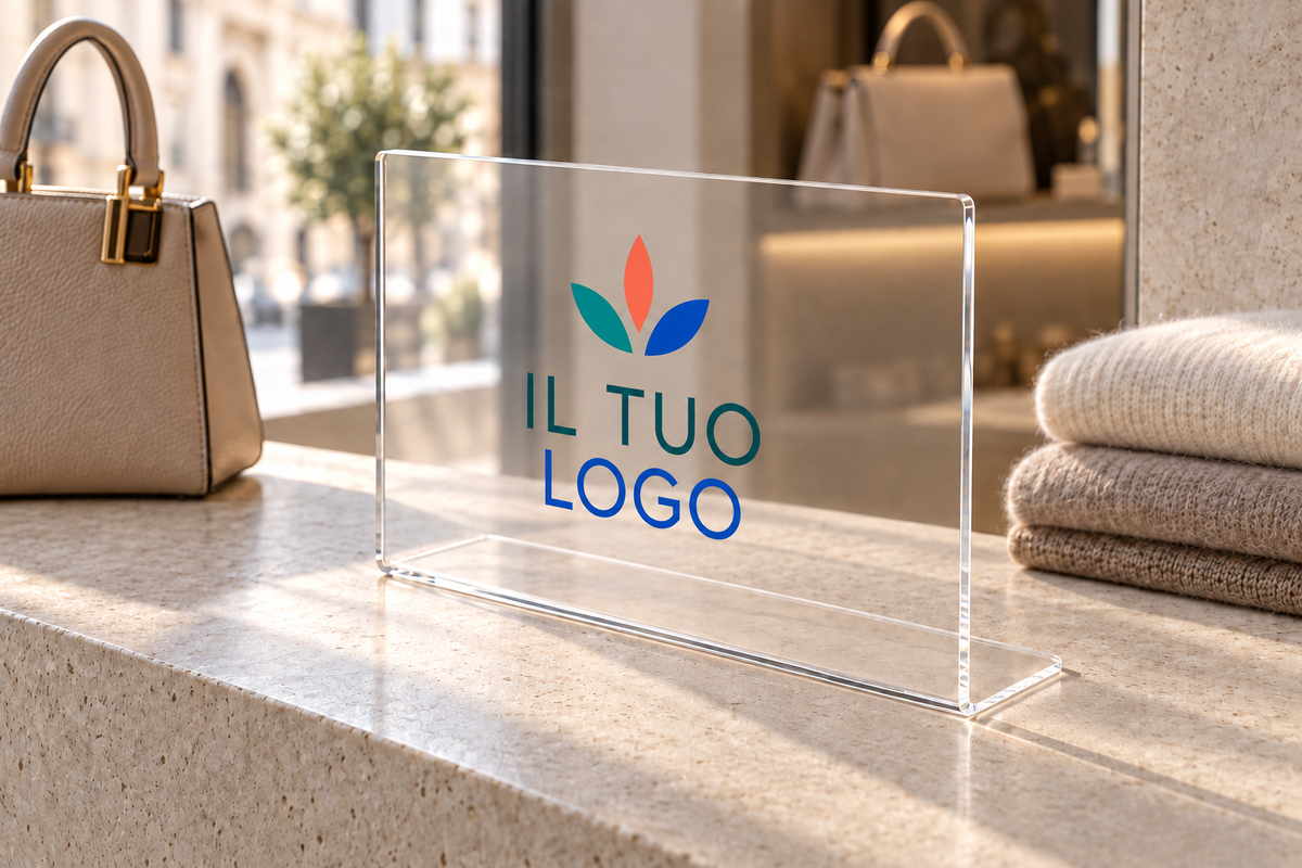 Rendering cartello a L con stampa del logo a colori: trasparente-logo-colorato
