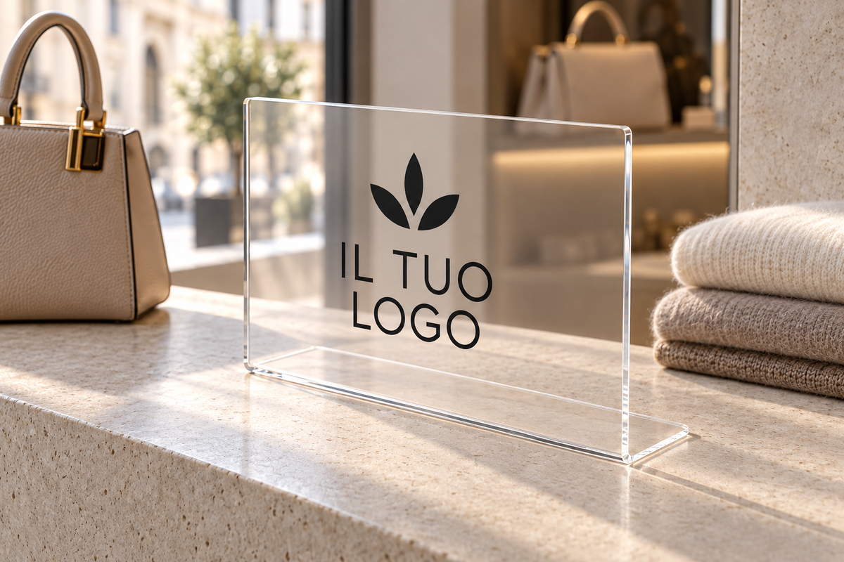 Rendering dimostrativo cartello a L: trasparente-vetrina