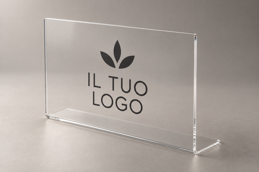 Rendering dimostrativo del cartello in plexiglass trasparente piegato a L, orizzontale