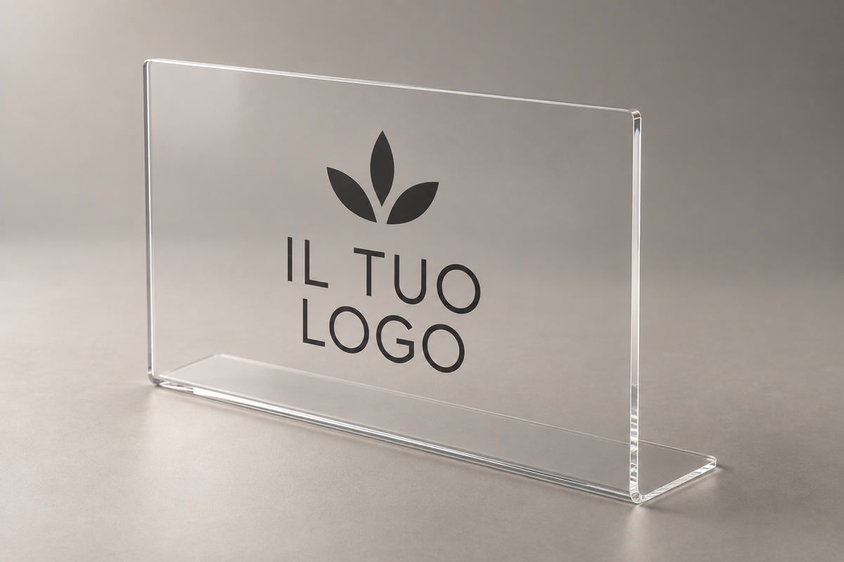 Rendering dimostrativo del cartello in plexiglass trasparente piegato a L, orizzontale
