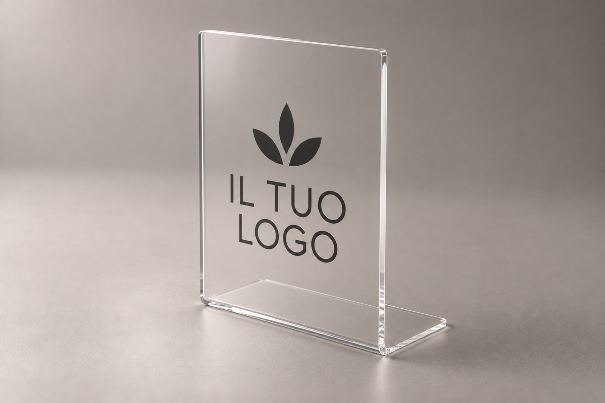 Rendering dimostrativo del cartello in plexiglass trasparente piegato a L, verticale