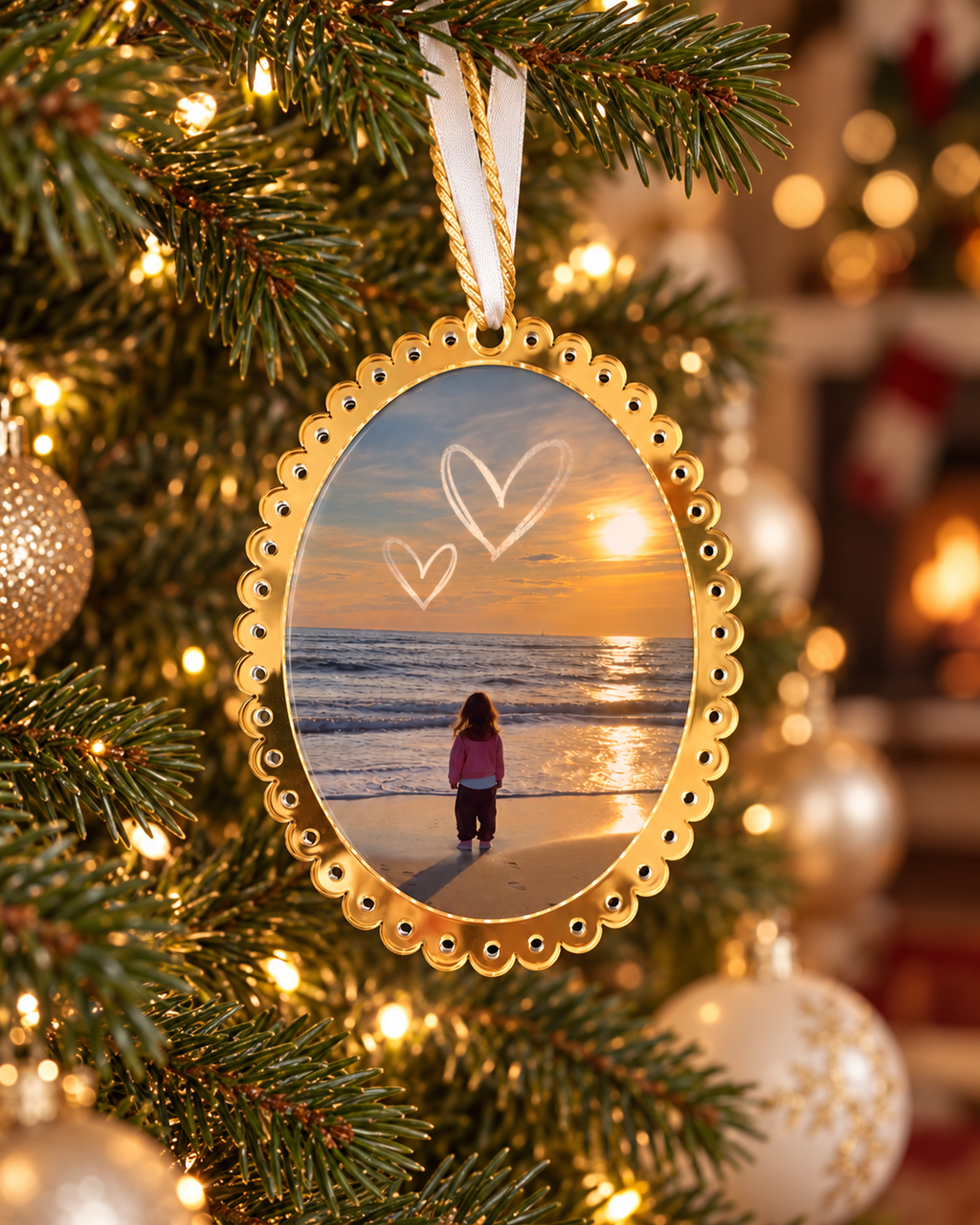Cornice portafoto personalizzata oro appesa all’albero di Natale, con foto della bambina al mare e cuori