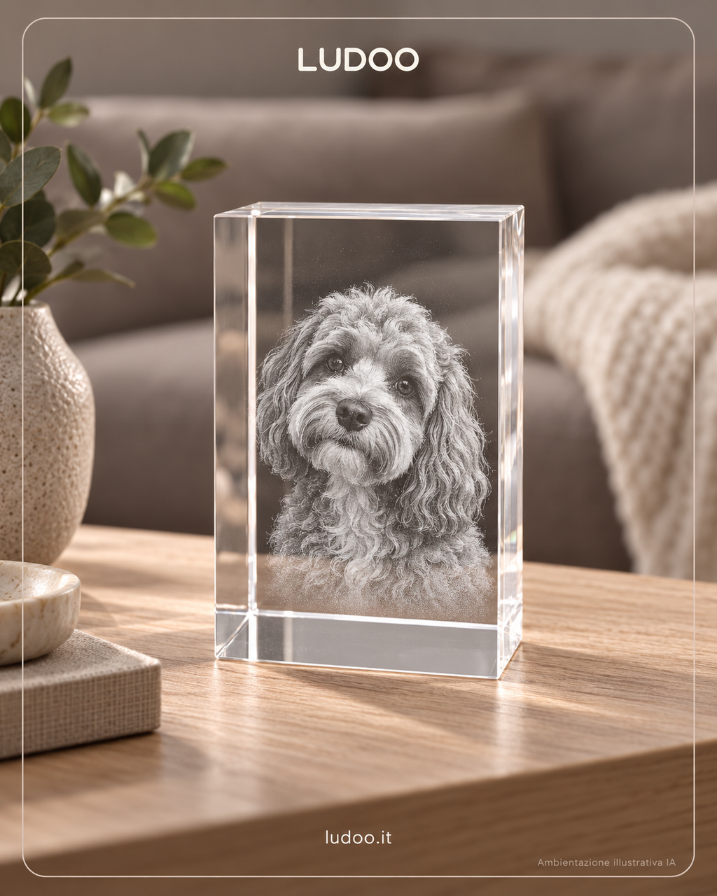 Esempio illustrativo IA: cristallo con foto di un cagnolino