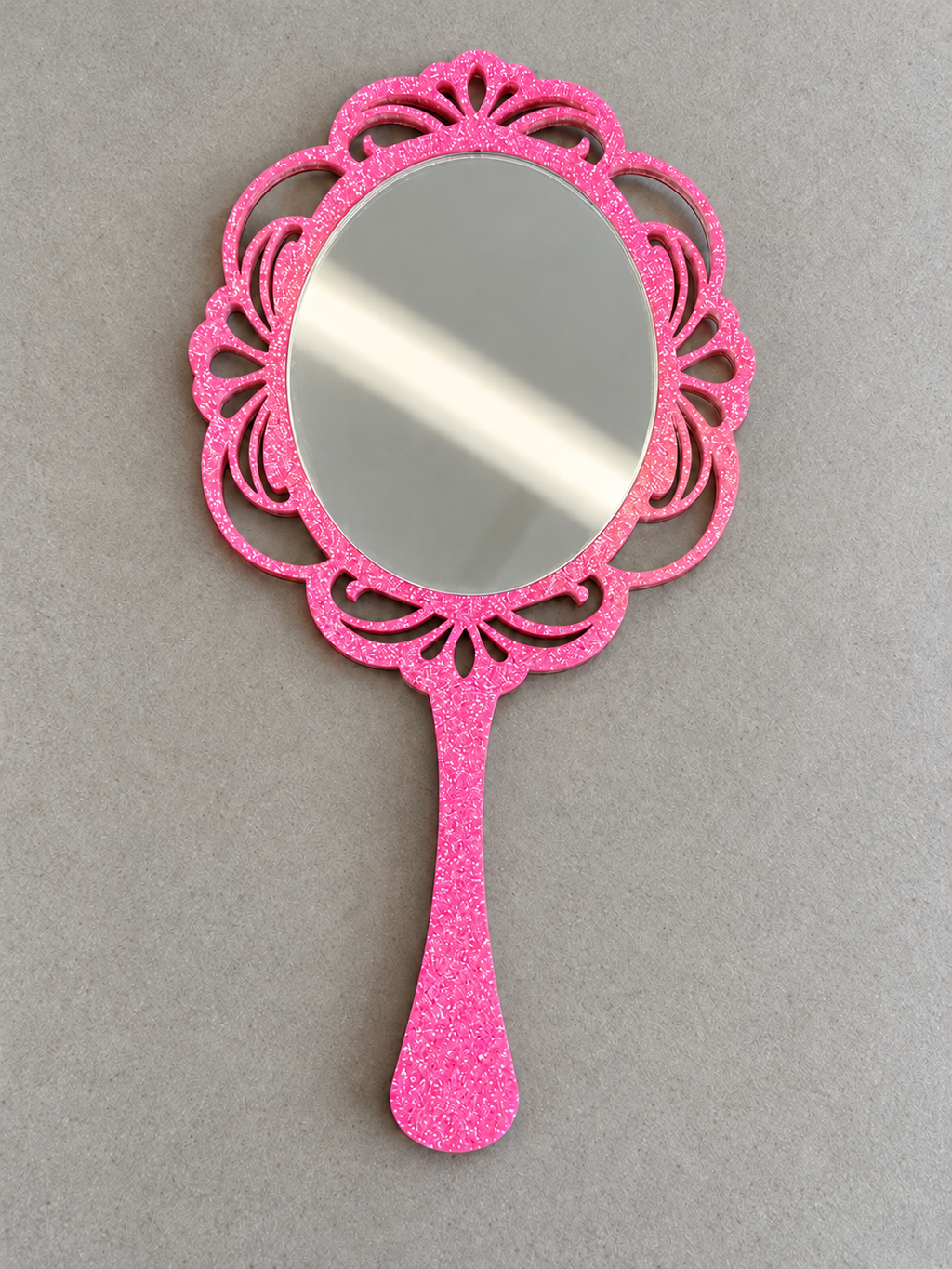 Specchio Ludoo rosa glitter, ovale silver – foto ritoccata