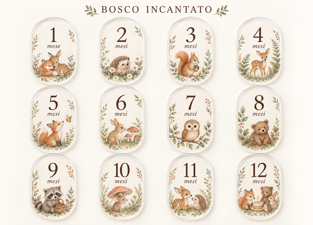 Anteprima illustrativa della collezione Bosco incantato, mesi da 1 a 12