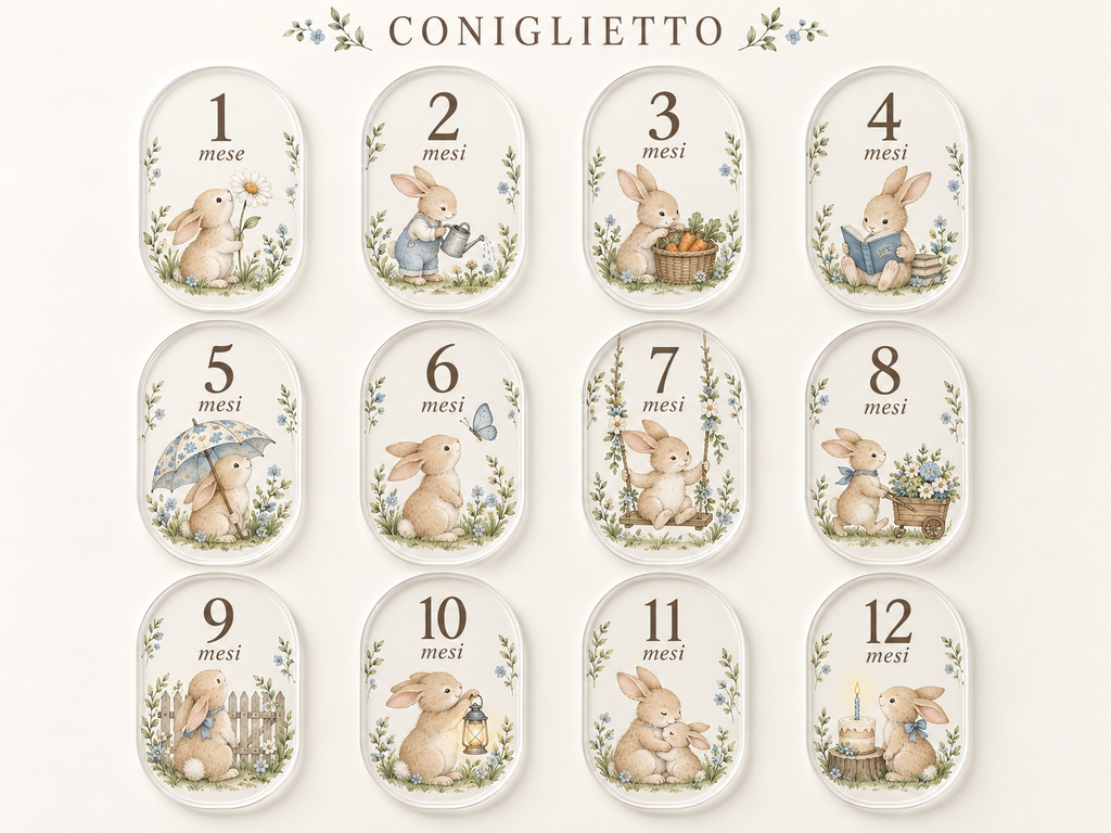 Anteprima illustrativa della collezione Coniglietto, mesi da 1 a 12
