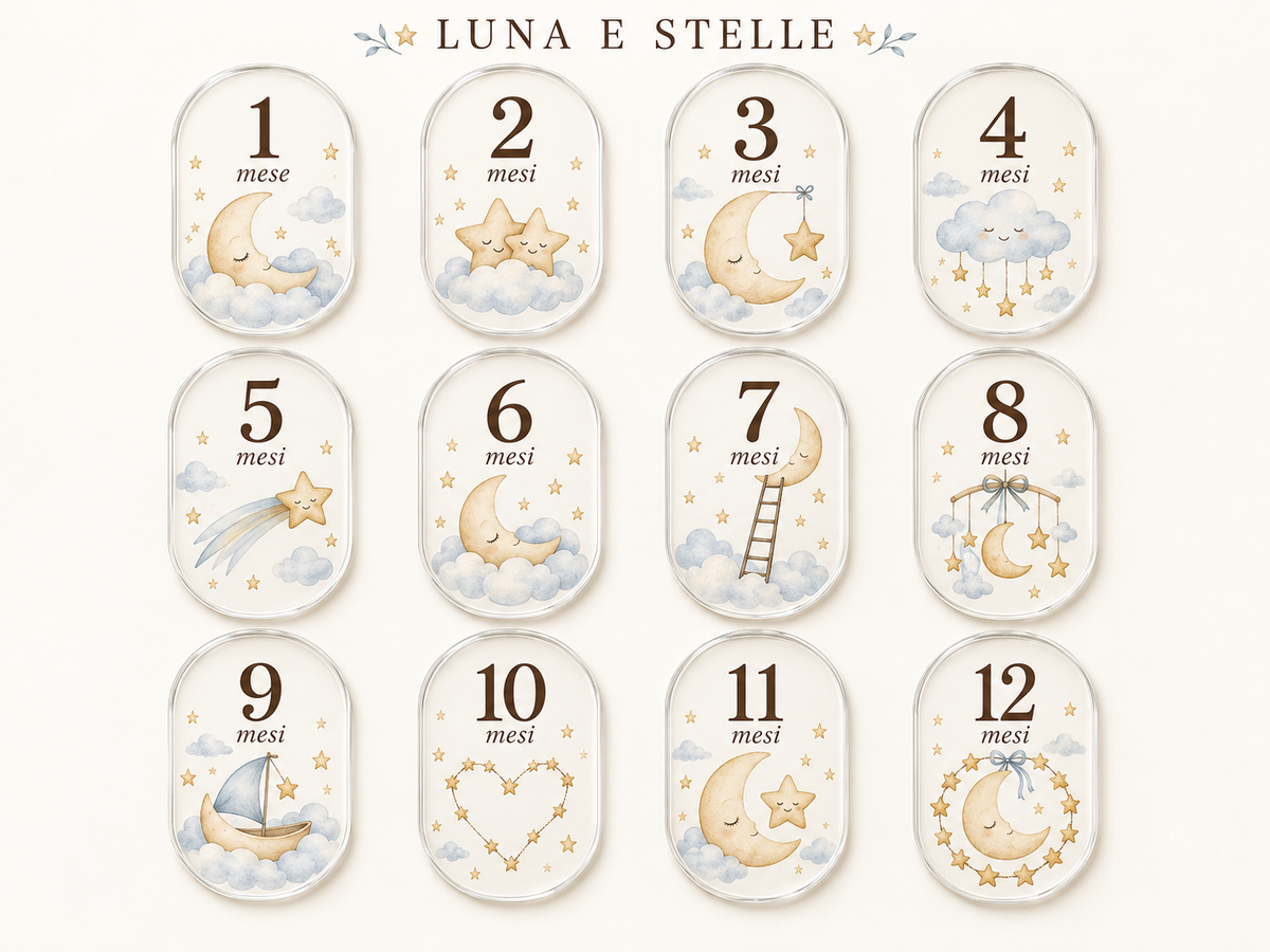 Anteprima illustrativa della collezione Luna e stelle, mesi da 1 a 12