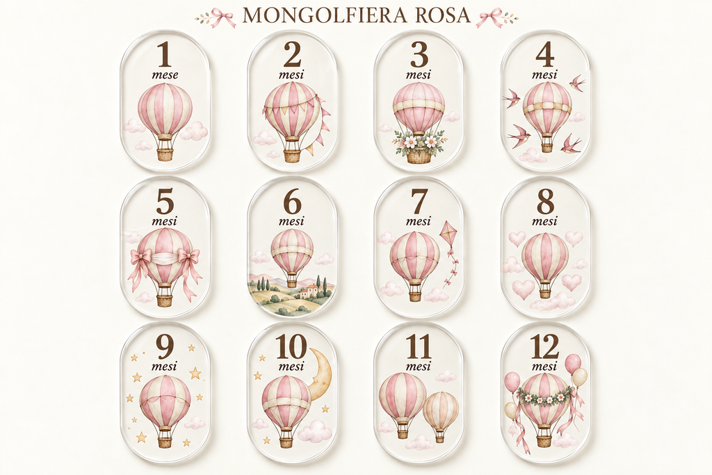 Mongolfiera rosa: anteprima del set di 12 targhette segnamese in plexiglass, da 1 a 12 mesi
