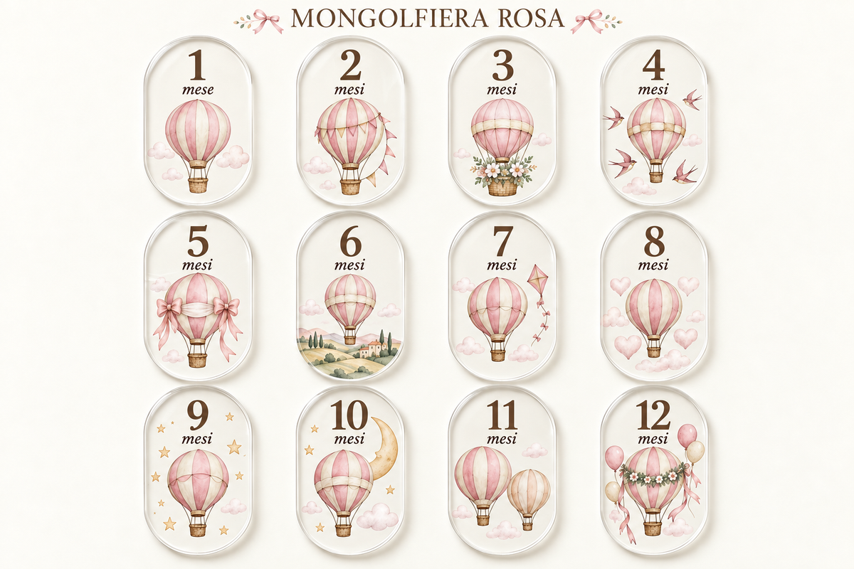 Mongolfiera rosa: anteprima del set di 12 targhette segnamese in plexiglass, da 1 a 12 mesi