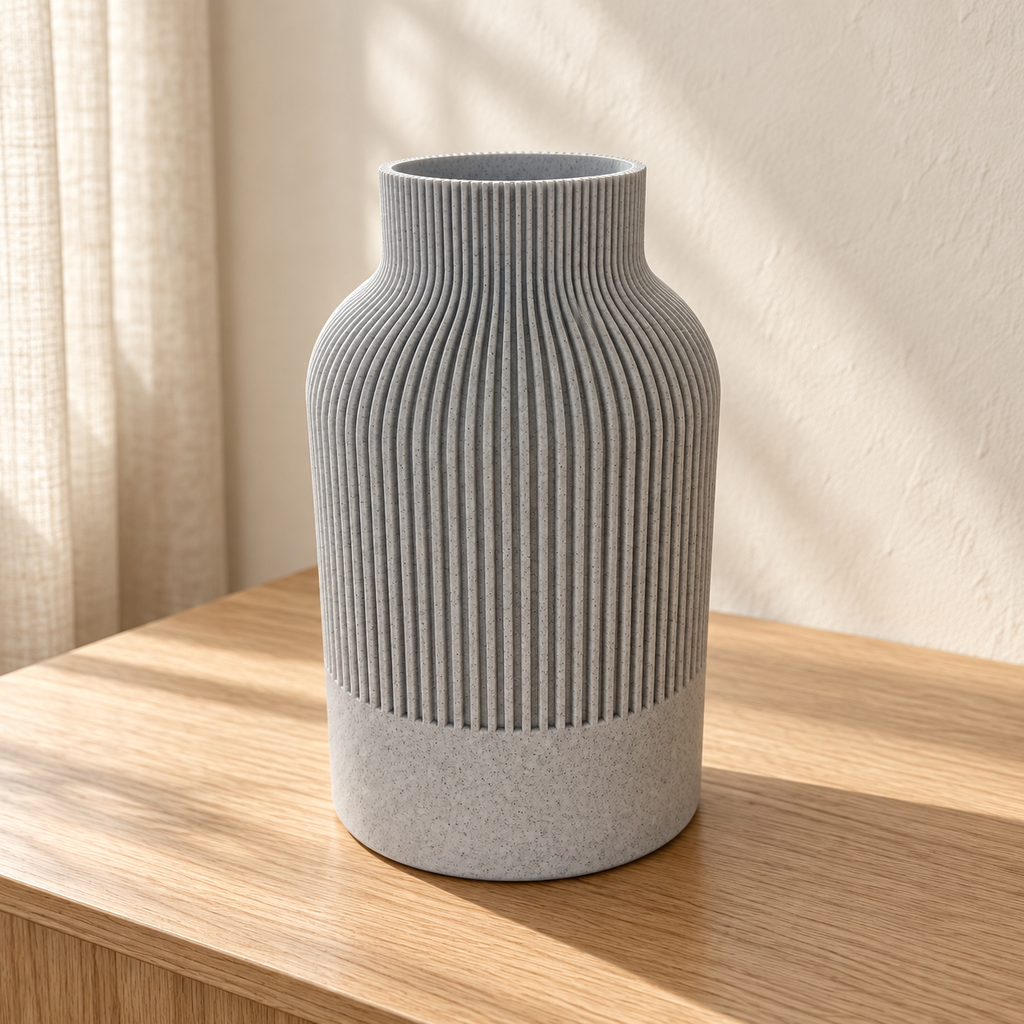 Vaso LUDOO grigio chiaro su consolle in legno — ambientazione illustrativa