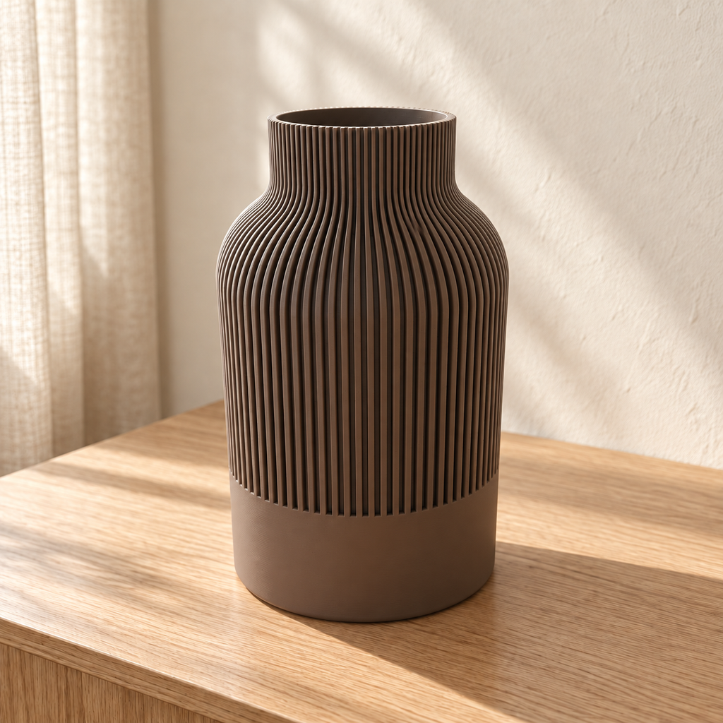 Vaso LUDOO marrone su consolle in legno — ambientazione illustrativa