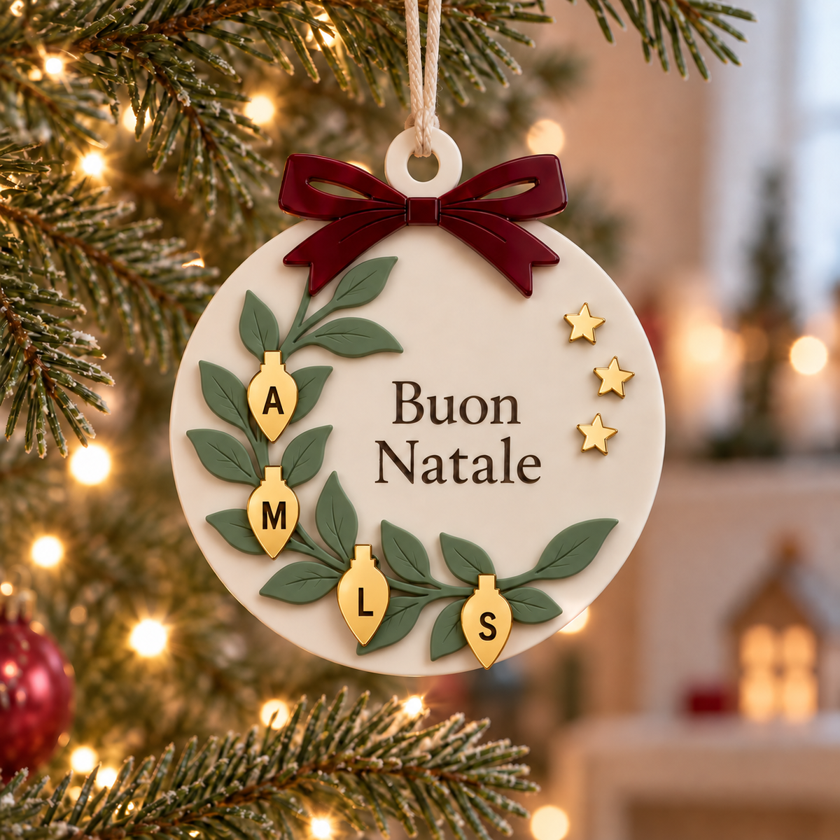 Pallina Buon Natale in plexiglass con quattro gocce oro personalizzate; ambientazione illustrativa
