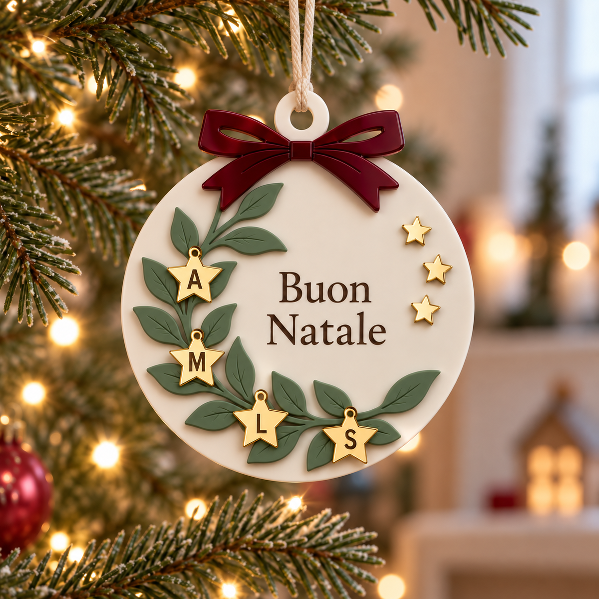 Pallina con quattro stelline personalizzate appesa all’albero; anteprima illustrativa