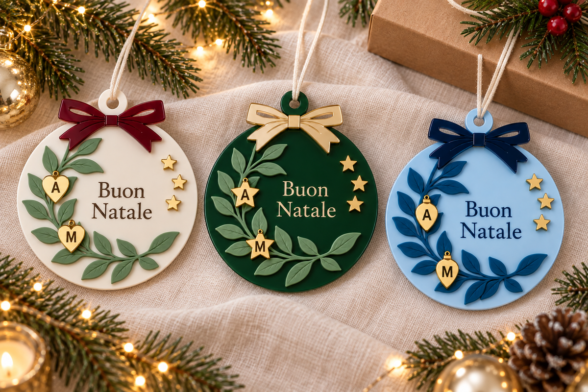 Palline Buon Natale con due iniziali, cuori stelline e gocce oro, in tre abbinamenti colore; ambientazione illustrativa