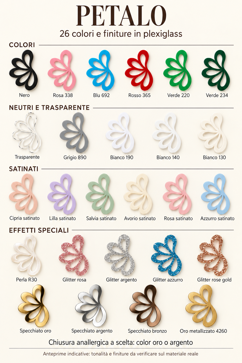 Cartella indicativa delle 26 varianti colore e finitura Petalo