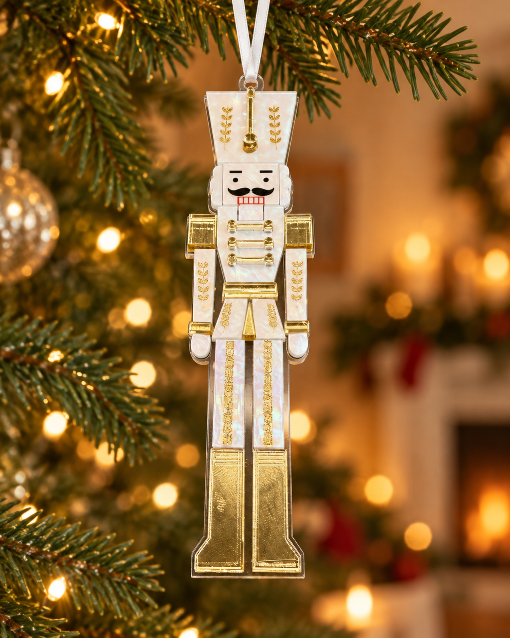 Schiaccianoci Perla e Oro appeso all’albero con nastro bianco