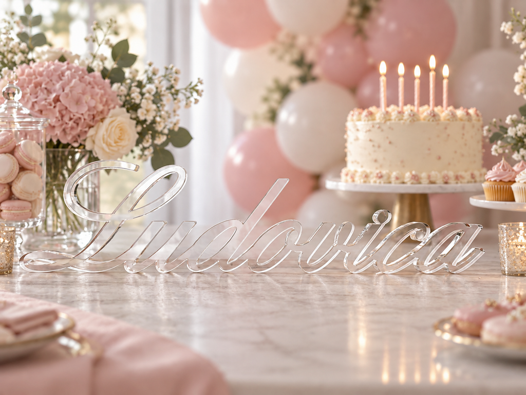 Ambientazione illustrativa della scritta Ludovica su un tavolo per compleanno