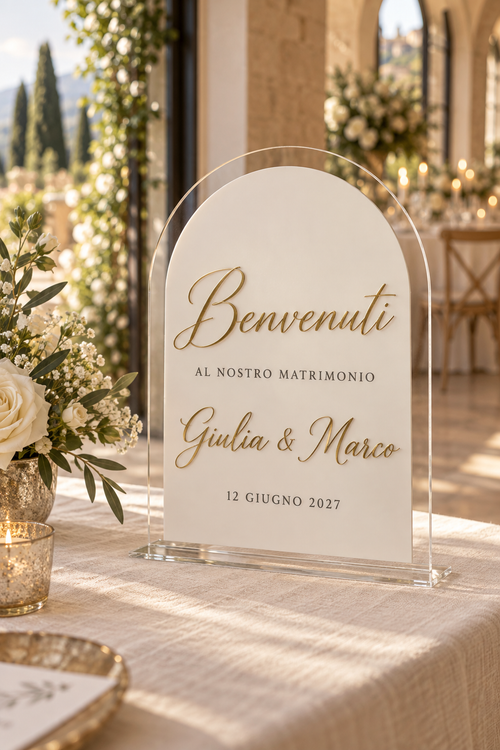 benvenuto in plexiglass bianco e oro ambientato in un ricevimento di matrimonio